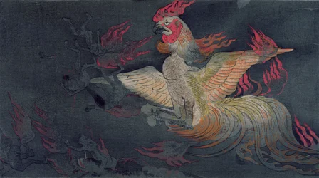 Ein monströses Tier mit dem Kopf eines Hahns, das Flammen speit, Illustration aus dem Jigoku Zoshi (Rolle der Höllen), veröffentlicht in der Zeitschrift Kokka, 1898-9